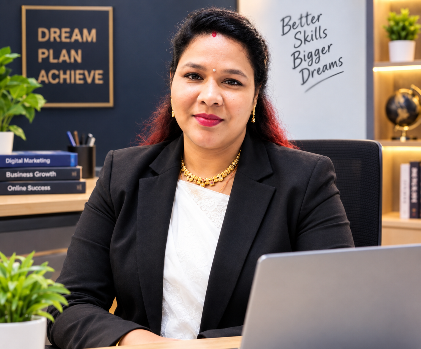 Manisha at her desk, ready to coach you on digital skills